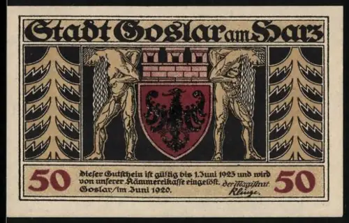 Notgeld Goslar am Harz 1920, 50 Pfennig, Wappen und historische Gebäude im Mittelalterstil