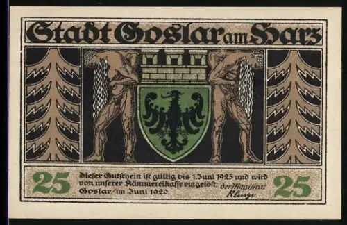 Notgeld Goslar am Harz 1920, 25 Pfennig, Wappen mit Adler und Ortsansicht von Goslar