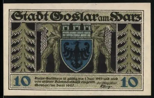 Notgeld Goslar am Harz 1922, 10 Pfennig, Wappen mit Figuren und historischer Inschrift