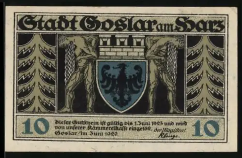 Notgeld Goslar am Harz 1920, 10 Pfennig, Wappen mit zwei Figuren und Bäumen, Mann mit Säule