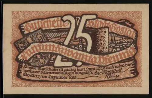 Notgeld Goslar 1918, 25 Pfennig, stilisierte Ortsansicht mit Turm und Banner