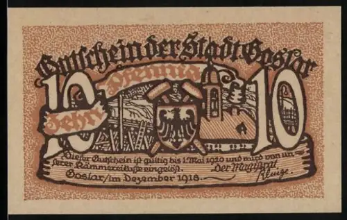 Notgeld Goslar 1918, 10 Pfennig, Ortsansicht und Wappen