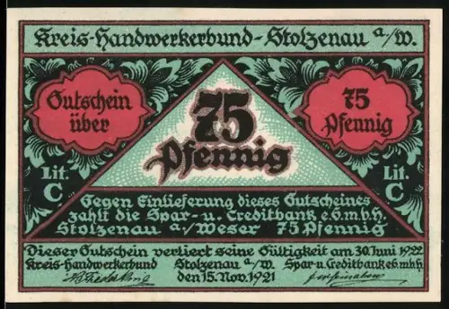 Notgeld Stolzenau a. Weser 1921, 75 Pfennig, Handwerker mit Rad und Zunftsymbole