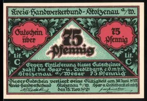Notgeld Stolzenau a. W. 1921, 75 Pfennig, Handwerker mit Werkzeug und Wappen, Spruch Handwerk hat goldenen Boden