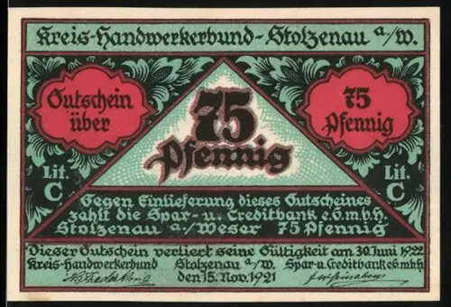 Notgeld Stolzenau a. W. 1921, 75 Pfennig, Handwerkermotive mit Zunftwappen und Handwerker bei der Arbeit