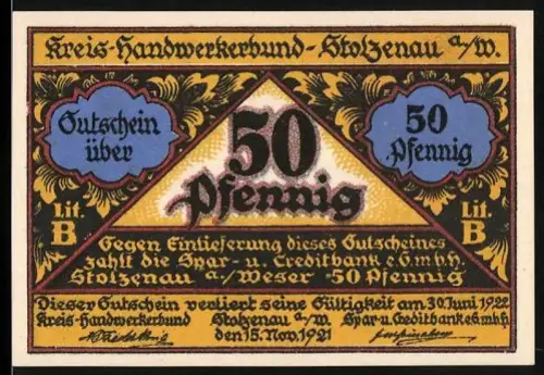 Notgeld Stolzenau a. Weser 1921, 50 Pfennig, Handwerker mit Werkstatt und Wappen