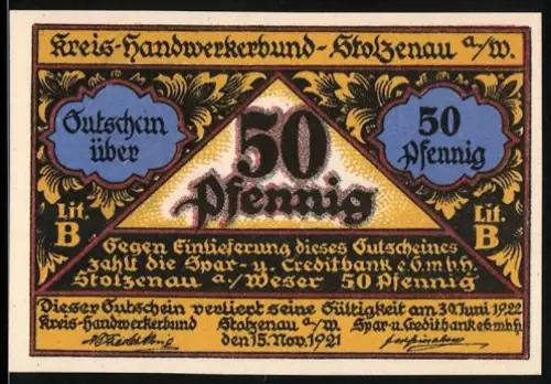 Notgeld Stolzenau a. Weser 1921, 50 Pfennig, Handwerksszene mit Bäcker, Rind und Pferd