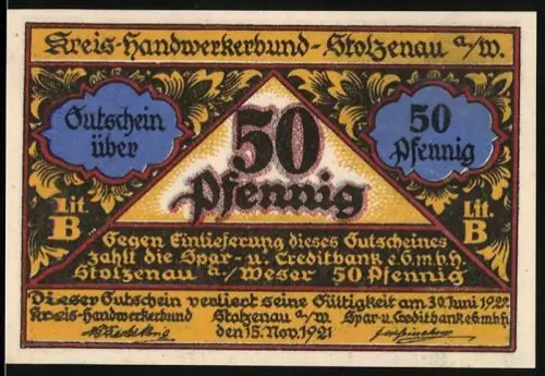 Notgeld Stolzenau a. d. Weser 1921, 50 Pfennig, Handwerker mit Scherenwappen und Spruch Handwerk hat goldenen Boden