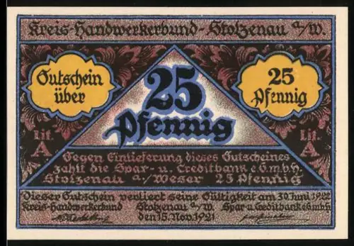 Notgeld Stolzenau a. Weser 1921, 25 Pfennig, Handwerker mit Werkzeugen und Wappenmotive