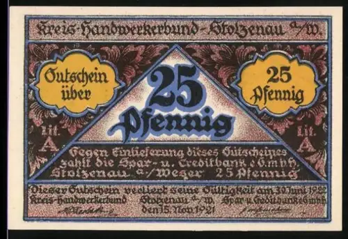 Notgeld Stolzenau a. W. 1920, 25 Pfennig, Handwerker mit Werkzeugwappen und Friseurszene