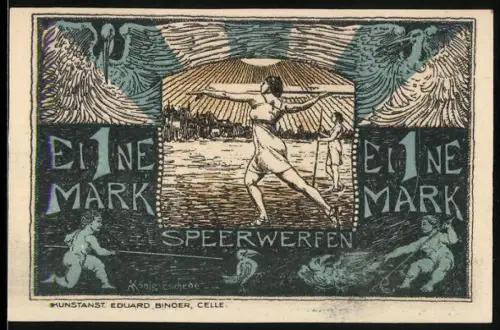 Notgeld Celle 1921, 1 Mark, Speerwerfen und mythologische Szene mit Sportverein-Emblem