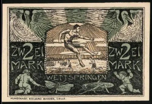 Notgeld Celle, 2 Mark, Wettspringen und Götterszene mit Pferd im Wappen