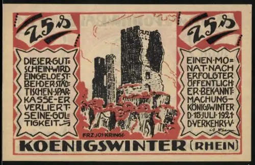 Notgeld Königswinter /Rhein 1921, 25 Pfennig, Burgruine und Burggräfin mit Wappen