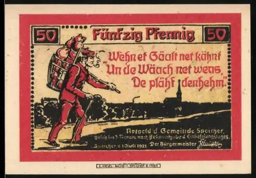 Notgeld Speicher 1921, 50 Pfennig, wandernder Mann und Handwerker bei der Arbeit