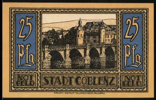 Notgeld Coblenz 1921, 25 Pfennig, Ortsansicht mit Brücke und Wappen