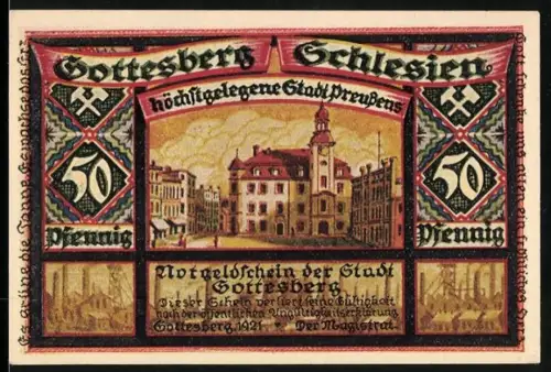 Notgeld Gottesberg /Schlesien 1921, 50 Pfennig, Ortsansicht und Wappen mit Hammer und Amboss