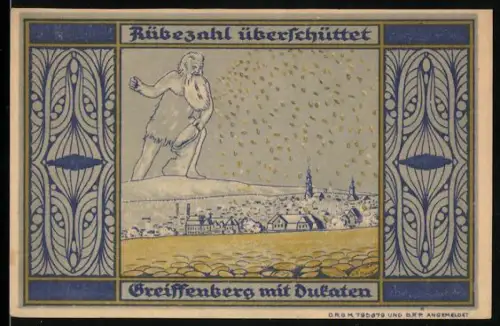 Notgeld Greiffenberg i. Schl., 5 Mark, Rübezahl überschüttet Stadt mit Dukaten, Wappen mit Löwe