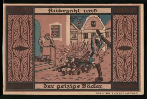 Notgeld Greiffenberg i. Schl. 1921, 3 Mark, Rübezahl und der geizige Bäcker, Wappen mit Löwe und Burg