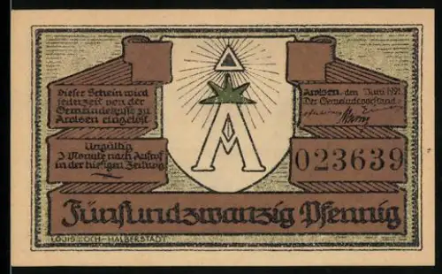 Notgeld Arolsen 1921, 25 Pfennig, Schlossansicht mit Parklandschaft und Wappen mit Stern und Buchstabe A