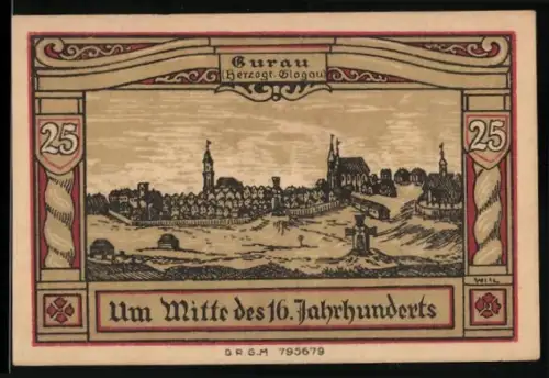 Notgeld Guhrau /Breslau, 25 Pfennig, Ortsansicht und Wappen, um Mitte des 16. Jahrhunderts