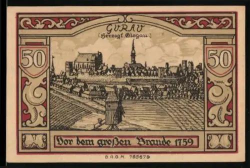 Notgeld Guhrau /Breslau, 50 Pfennig, Ortsansicht vor dem Brand 1759, Wappen mit Frauengestalt und Türmen