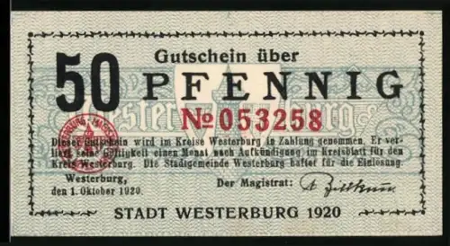 Notgeld Westerburg 1920, 50 Pfennig, Ortsansicht mit Burg und umliegenden Gebäuden