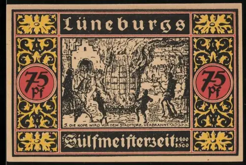 Notgeld Lüneburg 1921, 75 Pf, Darstellung des Hopfenverbrennens und Solequellenbestehens