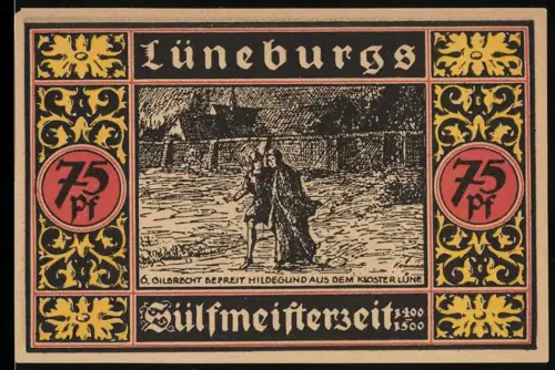 Notgeld Lüneburg 1921, 75 Pf, Ölbrecht befreit Hildegund und 1000-jähriges Bestehen der Salzquelle