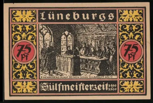 Notgeld Lüneburg 1921, 75 Pf, Gerichtsszene und Salzquelle 1000 Jahre
