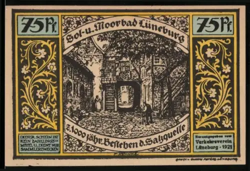 Notgeld Lüneburg 1921, 75 Pf, historische Ortsansicht und Versammlung zur Sülmeisterzeit