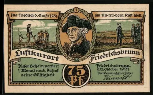 Notgeld Friedrichsbrunn i. H. 1921, 75 Pf, Friedrich der Grosse, Landschaft und Winterlandschaft mit Rodlern
