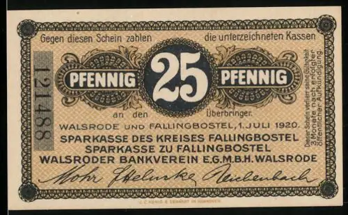 Notgeld Walsrode 1920, 25 Pfennig, Flusslandschaft mit Bäumen und Gebäude