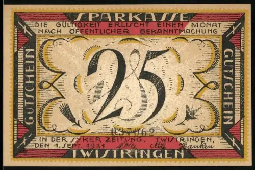 Notgeld Twistringen 1921, 25 Pfennig, Mann an einer Presse mit Schriftrollen