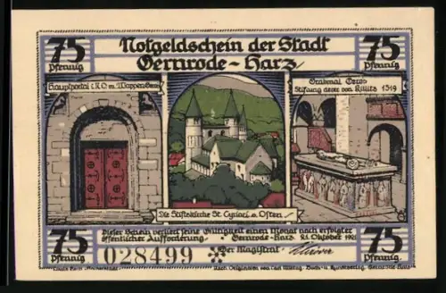 Notgeld Gernrode /Harz 1921, 75 Pfennig, St. Cyriakus, Hauptportal und Kreuzgangsmotiv