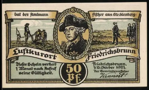 Notgeld Friedrichsbrunn i. H. 1921, 50 Pf, Porträt und Landschaftsansicht mit Villenviertel und Sanatorium