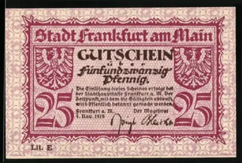 Notgeld Frankfurt am Main 1919, 25 Pfennig, Ortsansicht und Wappen