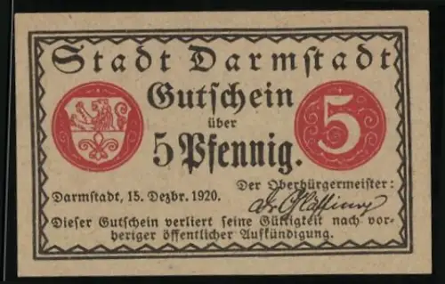 Notgeld Darmstadt 1920, 5 Pfennig, Wappen und historische Gebäudeansicht