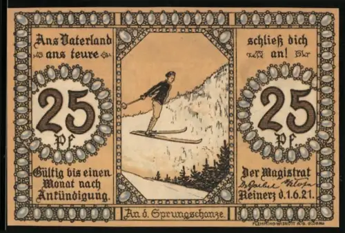 Notgeld Bad Reinerz 1921, 25 Pf, Skispringer und Brunnen mit Putten vor Gebäude