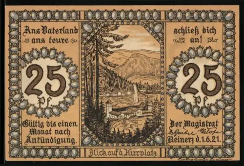 Notgeld Bad Reinerz 1921, 25 Pf, Blick auf Kurplatz und ein Brunnen mit Figuren und Gebäude im Hintergrund