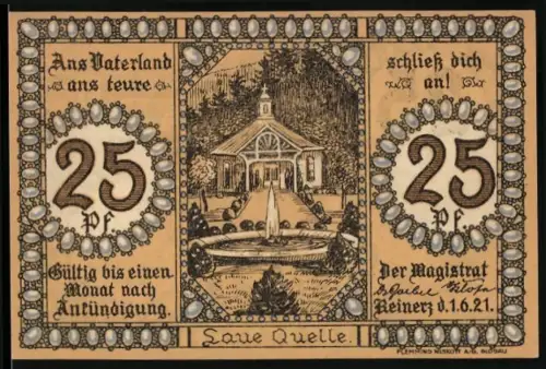 Notgeld Bad Reinerz 1921, 25 Pf, Laue Quelle und Bad Reinerz mit Figuren an einer Quelle