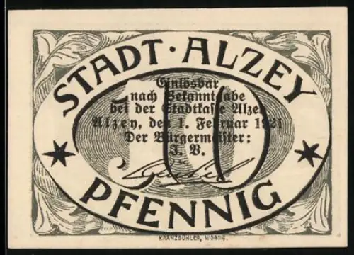 Notgeld Alzey 1921, 10 Pfennig, Ornamentaler Schriftzug und dekorativer Rahmen
