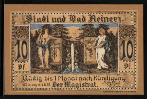 Notgeld Bad Reinerz 1921, 10 Pf, Ortsansicht und allegorische Figuren mit Brunnen