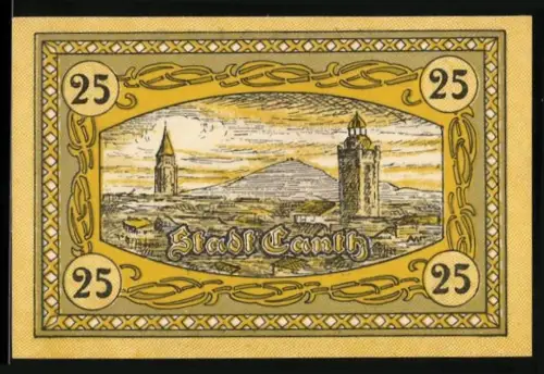 Notgeld Canth, 25 Pf., Ortsansicht mit Wachtürmen und Wappen