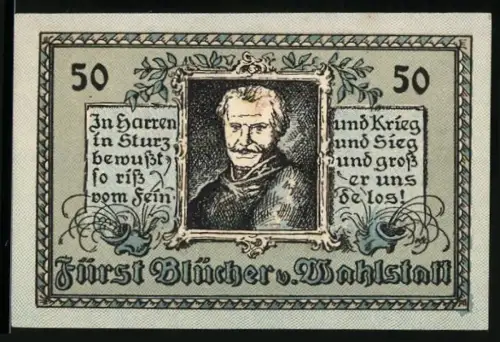 Notgeld Canth, 50 Pfennig, Porträt von Fürst Blücher v. Wahlstatt und Wappen