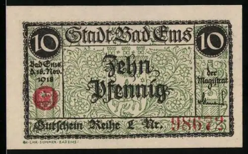 Notgeld Bad Ems 1918, 10 Pfennig, florales Muster und Flusslandschaft mit zwei Flaschen