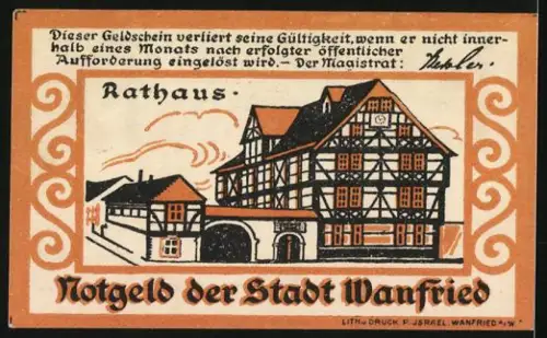 Notgeld Wanfried, 10 Pf, Stadtsiegel mit Ritter und Rathausabbildung