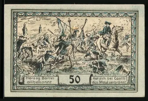 Notgeld Canth, 50 Pf., Herzog Barte und Reiterkampf, Stadtwappen