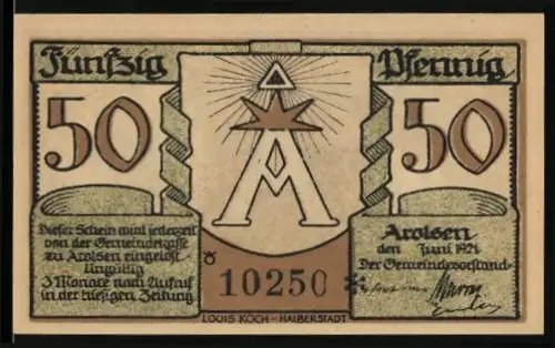 Notgeld Arolsen 1921, 50 Pfennig, Haus und Büste von Christian Daniel Rauch