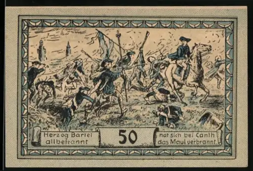 Notgeld Canth, 50 Pfennig, historisches Schlachtenszenario und farbiges Wappen