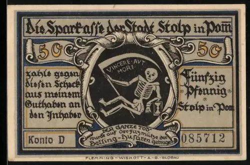 Notgeld Stolp i. Pom. 1921, 50 Pfennig, Skelett mit Sense und reitender Husar